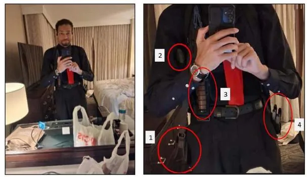 The accused photographed himself moments before the attack, carrying several weapons in front of the mirror in his room.
