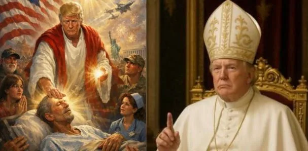 On the left, Donald Trump compares himself to Jesus Christ. On the right, AI-generated image <span style=