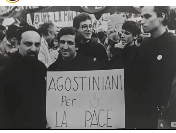 Demonstration in Rome. A group of Augustinian friars protests the deployment of American nuclear missiles in Sicily. October 1983. On the right, the future Pope Leo XIV
