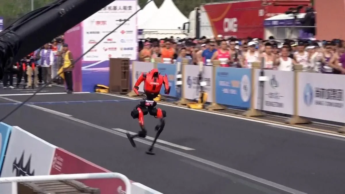 Humanoid robots cut almost two hours off last year's time in the Beijing half marathon