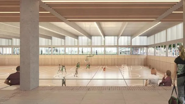 Render of the multi-sport pavilion located under the 7-a-side football field