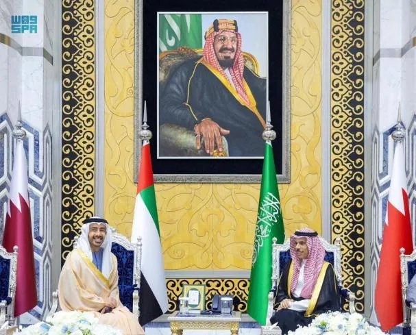 Saudi Foreign Minister Faisal bin Farhan with his Emirati counterpart Abdullah bin Zayed on April 28 in Jeddah