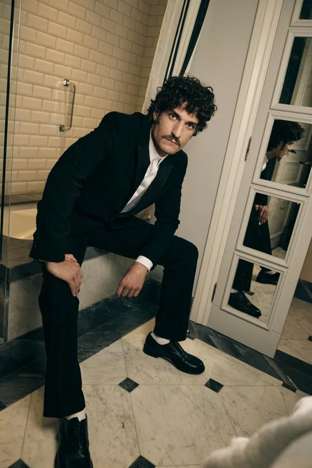 Tuxedo, white shirt, pants and shoes, all Dior