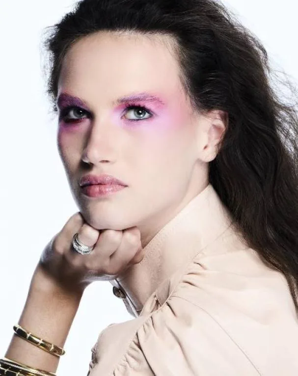 Powder pink leather jacket by Louis Vuitton, Suarez bracelets, 18k white gold multi-arm ring with 185 brilliant-cut diamonds