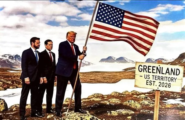 A Trump post on his social network, planting an American flag with Vance and Rubio in the background