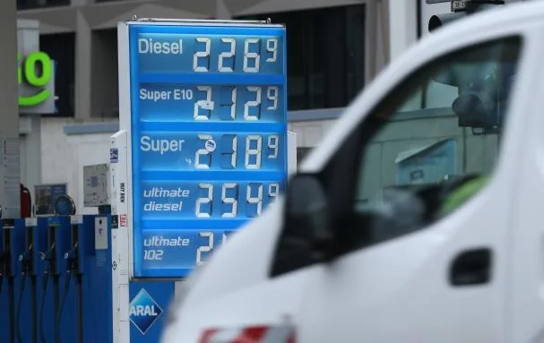 A car passes by a gas station in Berlin, Germany