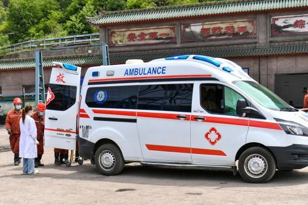 An ambulance near a coal mine after the explosion that occurred on Saturday, May 23, 2026, at the Liushenyu mine