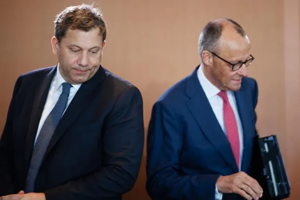 Finance Minister, the social democrat Lars Klingbeil, and conservative Chancellor, Friedrich Merz, in Berlin on April 29 