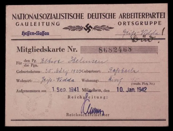Membership card of the National Socialist German Workers' Party (NSDAP) – the full name of the Nazi party – of a member who joined in 1941