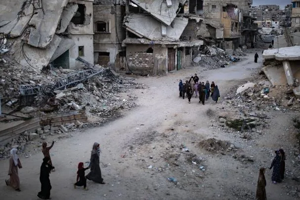 Ruined buildings in Jan Yunis, in the south of the Gaza Strip, yesterday