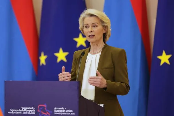 The President of the European Commission, Ursula von der Leyen, speaks to the press at the presidential palace in Yerevan