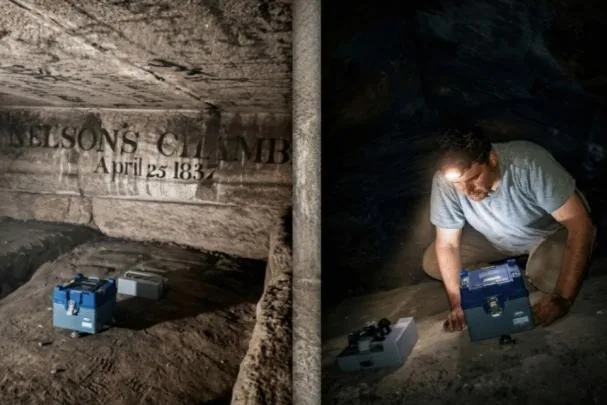 Field measurements in the relieving chambers of the Great Pyramid. The inscription on the left commemorates the discovery of the four upper chambers by Western archaeologists in 1837 