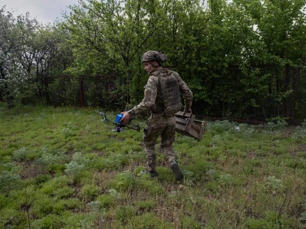 A Ukrainian soldier with a drone near the front, on May 7