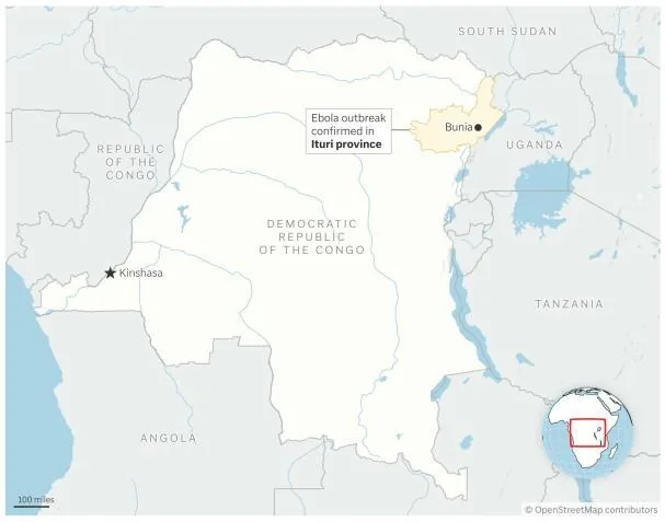 Map showing the location of Iturbe province, the initial focus of the epidemic, with its capital Dunia 
