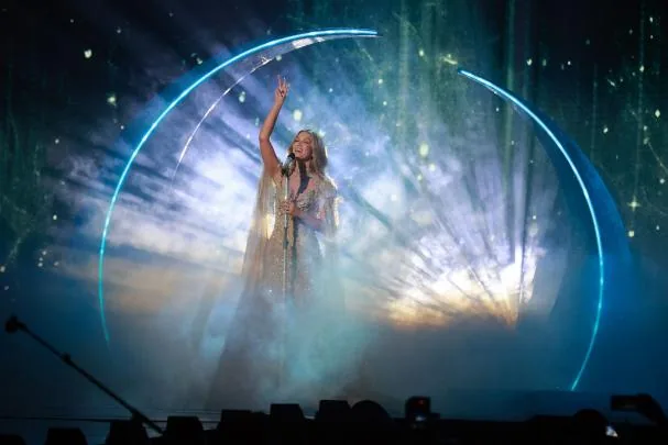 Australian Delta Goodrem, singing her song 'Eclipse' during the dress rehearsal for the second Eurovision semifinal, May 14, 2026, in Vienna