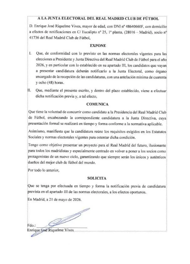 La carta de Enrique Riquelme a la junta electoral del Real Madrid