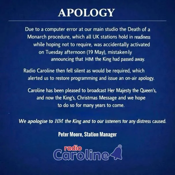 Apologies issued by Radio Caroline.