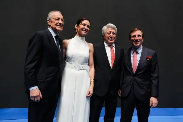From left to right: Florentino Pérez, Isabel Díaz Ayuso, Enrique Cerezo, and José Luis Martínez-Almeida, during the San Isidro festival