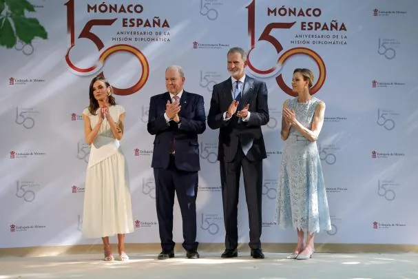 The Kings and the Princes of Monaco applaud the inauguration of an exhibition commemorating the 150th anniversary of diplomatic relations between Monaco and Spain 