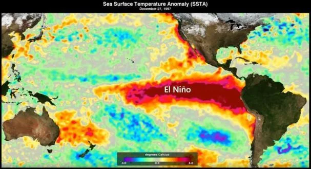 Pacific sea surface temperature anomaly during the historic 1997-98 El Niño episode, one of the most intense recorded with global climate impacts.
