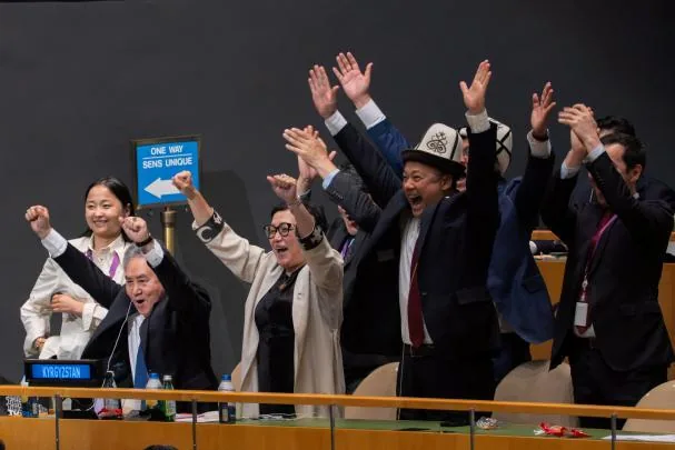Jubilation in the Kyrgyzstan delegation, chaired by its Foreign Minister, Jeenbek Kulubayev, after winning the vote for the Asian seat on June 3, 2026, at the New York headquarters 