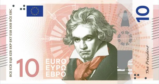 Proposal under the theme “European Culture” for the obverse of the ten-euro banknote, with the figure of Ludwig van Beethoven, designed by Myrsini Vardopoulou 