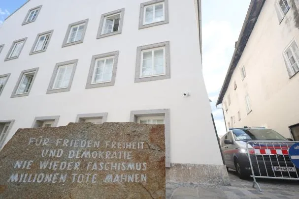 The Mauthausen commemorative stone, the infamous Nazi extermination camp in Austria, in front of Hitler's birthplace.