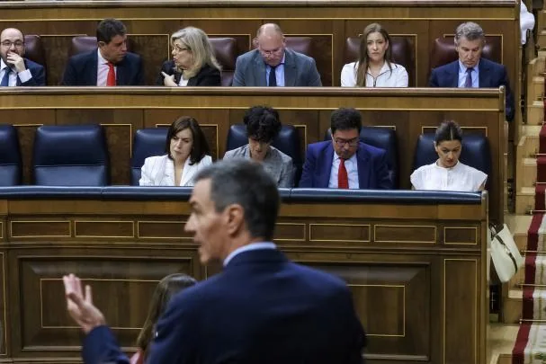 The President of the Government, Pedro Sánchez, addresses the plenary session of the Congress of Deputies during a heated control session 