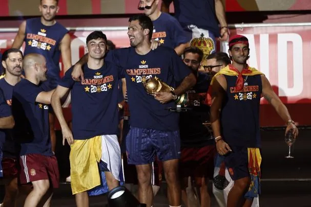 The players of the Spanish national team, celebrating winning the country's second World Cup on stage 