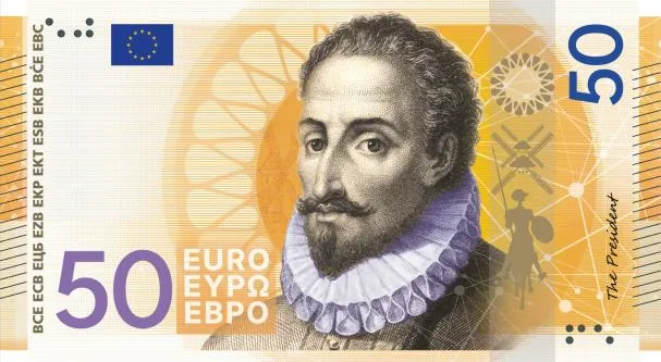 Proposal under the theme “European Culture” for the obverse of the fifty-euro banknote, with the figure of Miguel de Cervantes, designed by Myrsini Vardopoulou 