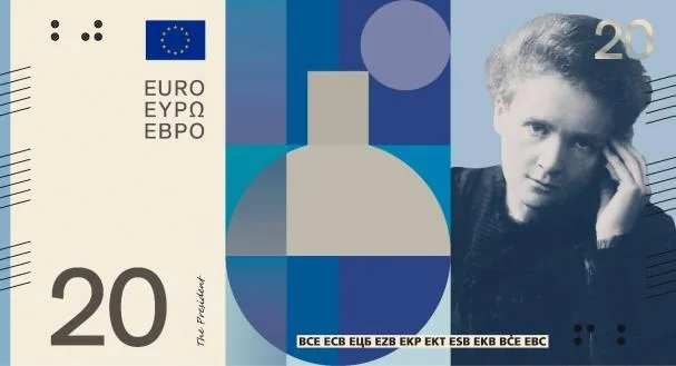Proposal under the theme “European Culture” for the obverse of the twenty-euro banknote, with the figure of Marie Curie, designed by Neue Gestaltung GmbH 