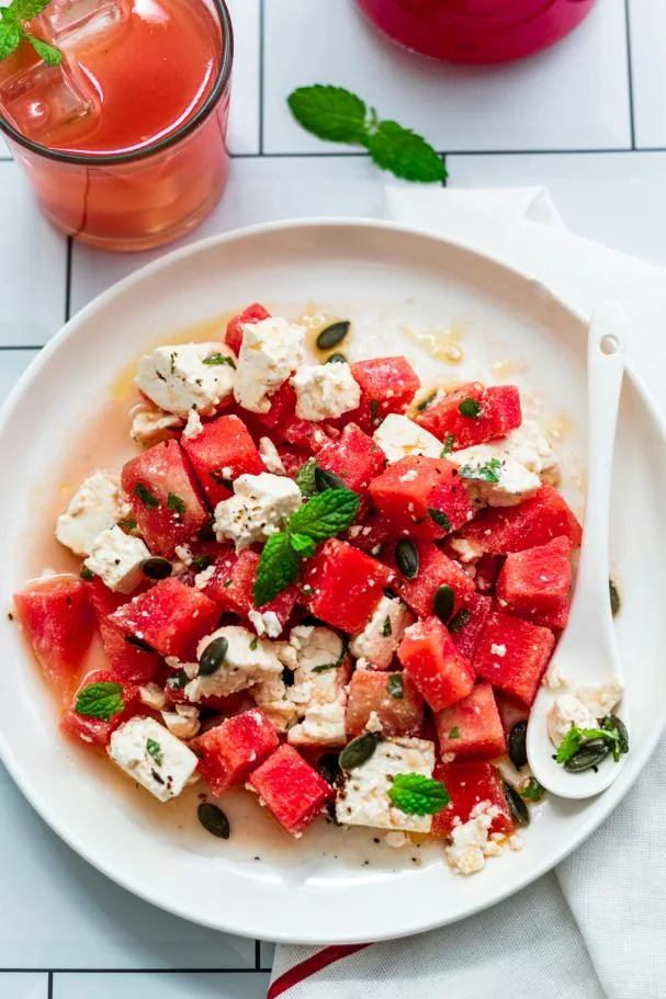 Watermelon, feta cheese, and mint salad