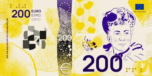 Proposal under the theme “European Culture” for the obverse of the two-hundred-euro banknote, with the figure of Bertha von Suttner, designed by Jan Robert Dünnweller 