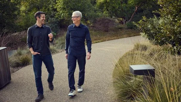John Ternus, on the left, will replace Tim Cook as CEO of the Cupertino company in September