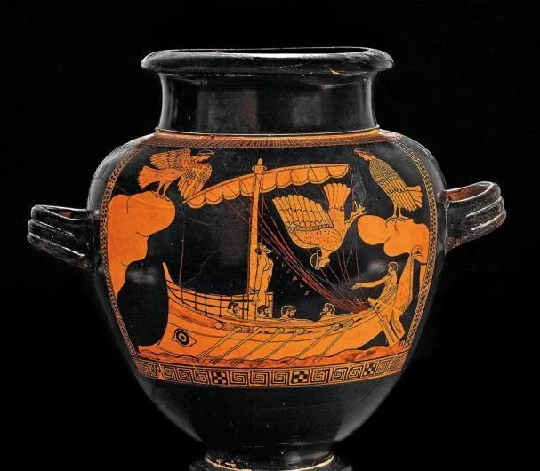 Ulysses and the sirens depicted on an Attic ceramic piece