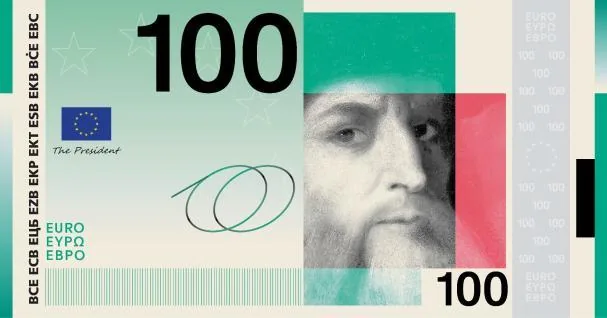Proposal under the theme “European Culture” for the obverse of the one-hundred-euro banknote, with the figure of Leonardo da Vinci, designed by Studio Joost Grootens 