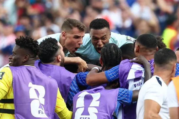 Several French players celebrate a goal in the World Cup
