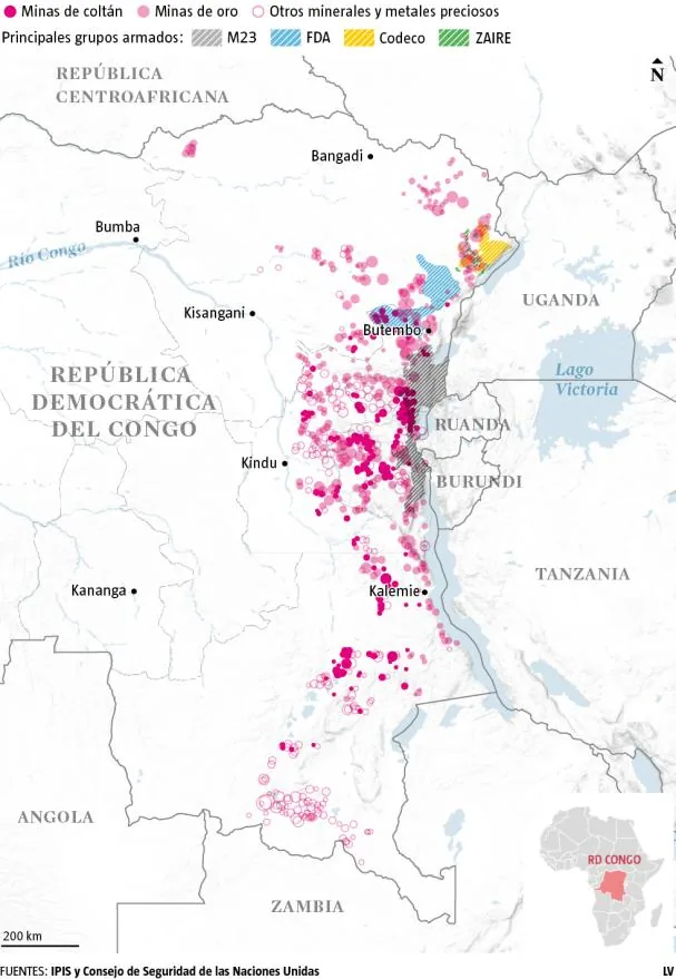 Areas controlled by the main rebel groups in eastern Congo and the situation of coltan and gold mines