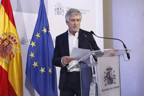The Minister of the Interior, Fernando Grande-Marlaska, during the press conference he held this Tuesday in Madrid after the telematic meeting of the extraordinary council of EU Interior Ministers 