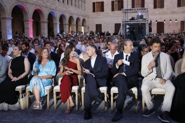 Queen Letizia with the president of the Congress, Francina Armengol, the president of the Balearic Islands, Marga Prohens, and actor Javier Bardem, during the closing of the Atlàntida Mallorca Film Fest