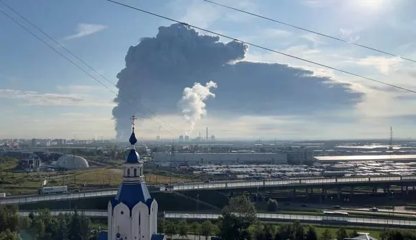 The Wildberries warehouse on fire after a Ukrainian drone attack in Saint Petersburg, Russia, on July 24, 2026.
