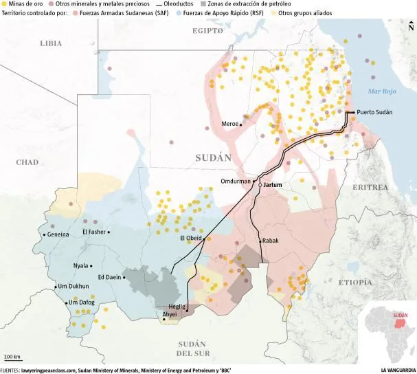 Map showing the location of gold mines in Sudan and the routes in territories controlled by both sides of the clandestine trade of the golden metal and gum arabic