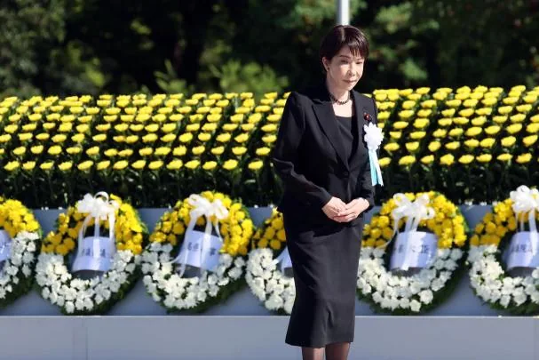 Japanese Prime Minister Sanae Takaichi today at the ceremony honoring the victims of Hiroshima