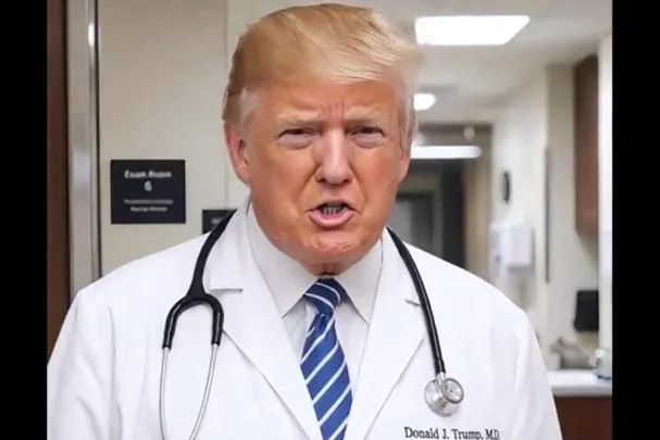 Trump presents himself as a doctor diagnosing celebrities who criticize him as mentally ill in an AI-generated video.