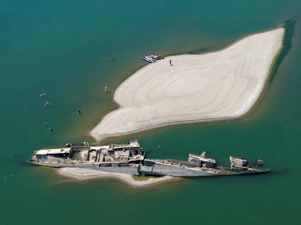 A sunken German World War II warship exposed due to the low level of the Danube River in Prahovo, Serbia, on July 30, 2026.