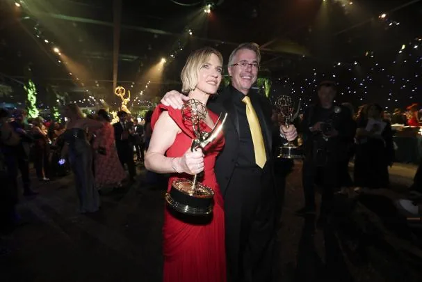 Rhea Seehorn, winner of the best lead actress in a drama series for 'Pluribus', and Vince Gilligan, winner of best writing