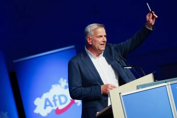 Leif-Erik Holm, candidate of the far-right AfD party in the Mecklenburg-Western Pomerania elections, campaigning in the town of Neubrandenburg on September 18 