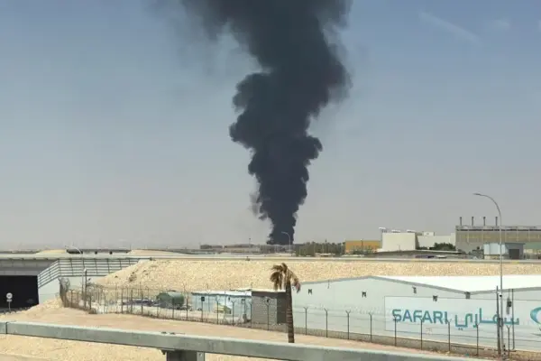 Flames and black smoke are seen near Riyadh airport