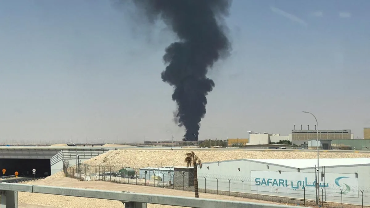 Flames and black smoke are seen near Riyadh airport
