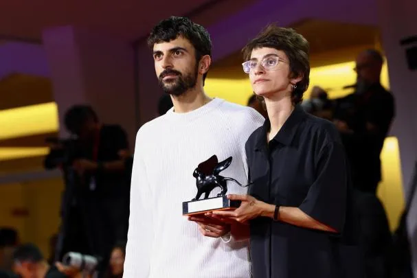 Directors Yuval Abraham and Rachel Szor pose with the Special Jury Prize awarded to «Naza» during the closing ceremony of the 83rd Venice International Film Festival, in Italy
